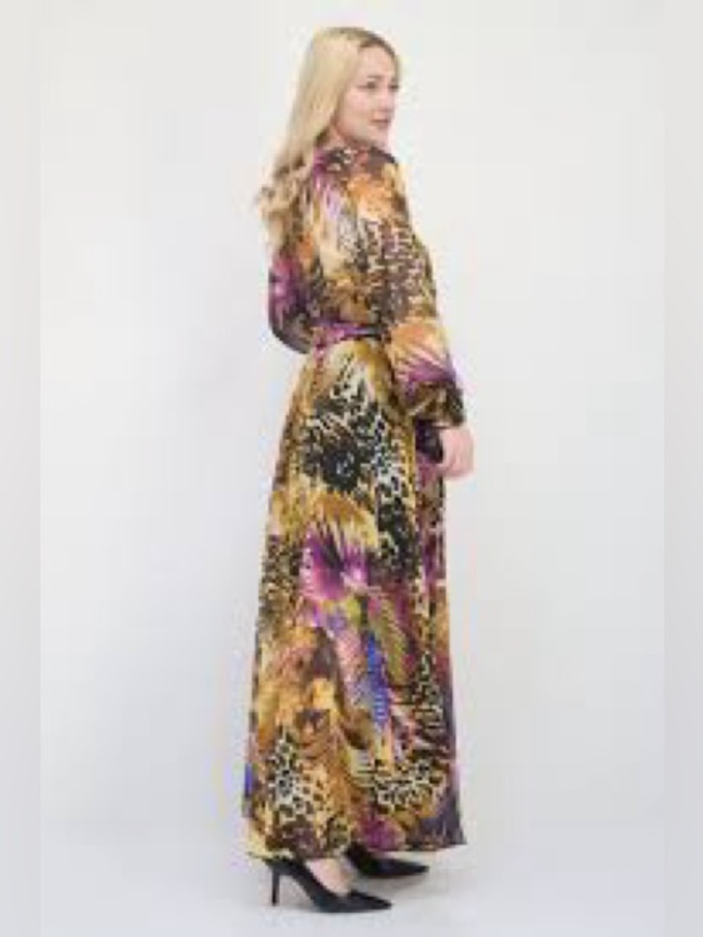 Vibrant Purple & Gold Wrap Maxi Dress